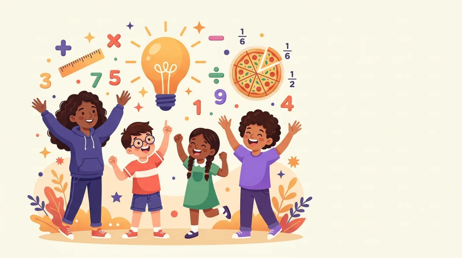 Des enfants et des ados ont le déclic : symboles mathématiques, ampoule et pizza en fractions